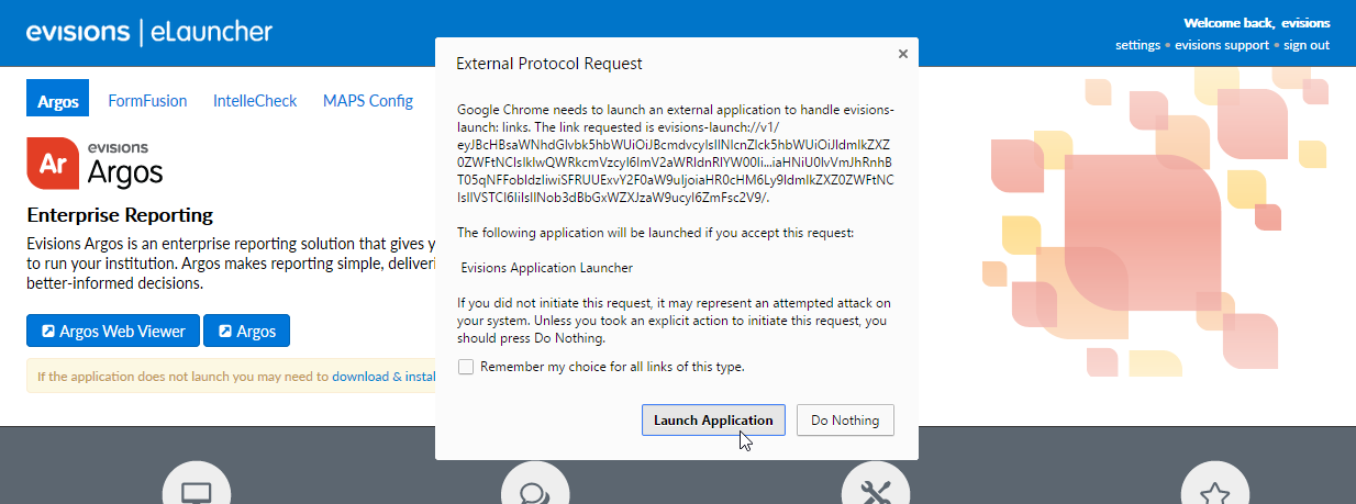 External Protocol Request asking if you wish to launch the Evisions Application Launcher or not.